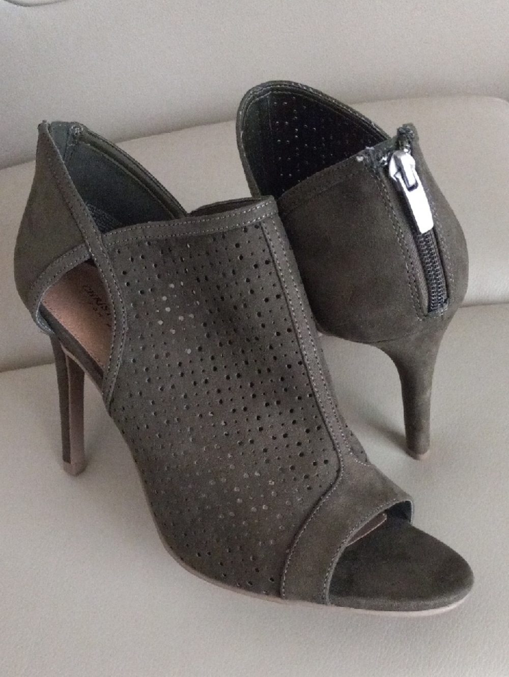 Women's Olive Suede Peep-Toe Heels with Perforated Detail Size 11
